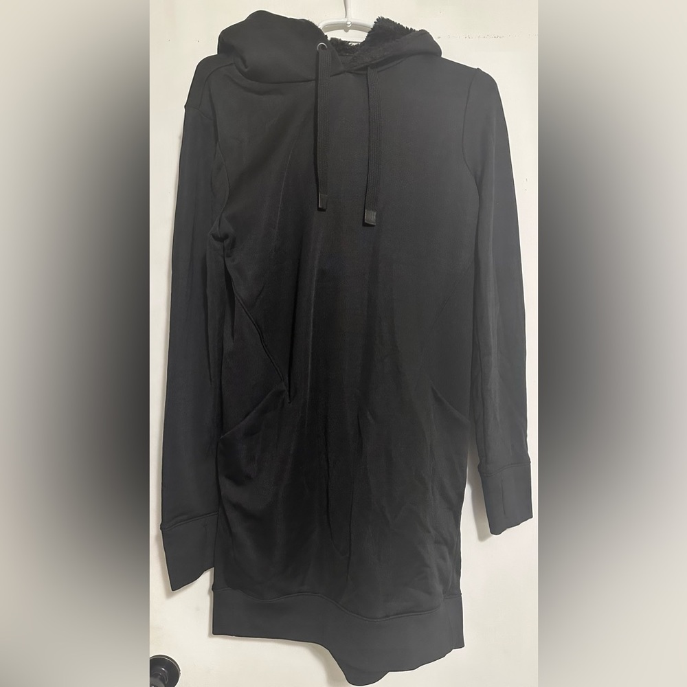 Athleta black fur hood sweatshirt dress, size M.